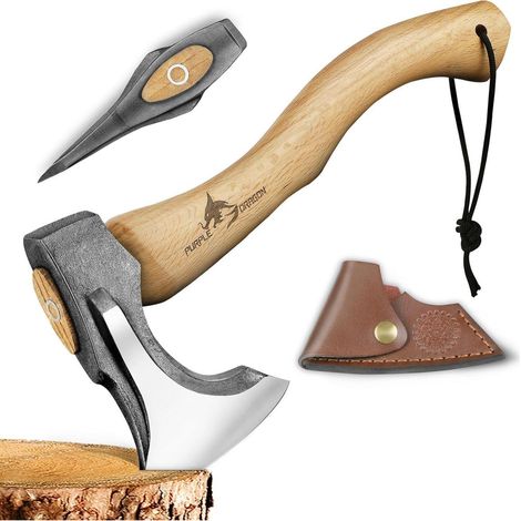 Axt Spaltaxt Handgeschmiedet Holzgriff 35cm Lederscheide Gelb (1/5)