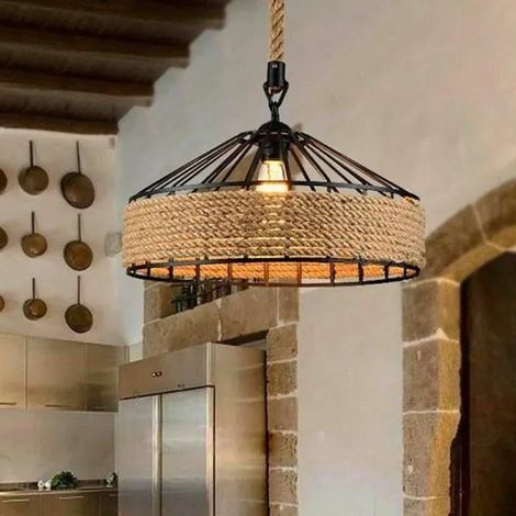 Suspension en corde de chanvre - Noir - Ø30 cm - E27 - Design rétro - Éclairage intérieur (1/4)