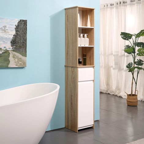 Platzsparendes Badezimmerregal aus Holz, Säulenschrank mit Regalböden, Schrank und Schublade, Weiß, 32,6 x 30 x 171,2 cm