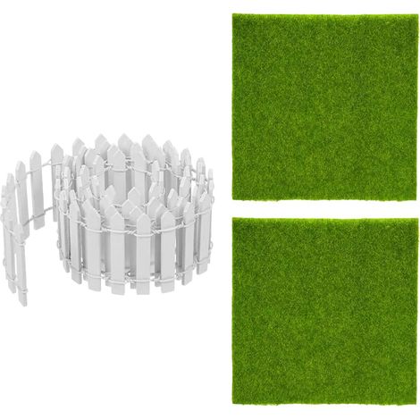 Set 2 Tapis de Gazon Artificiel + 1 Rouleau de Mini Clôture, 15×15cm Pelouse Artificielle, 90×3cm Clôture Flexible pour Modélisme, Diorama et Micro-Paysages (1/5)