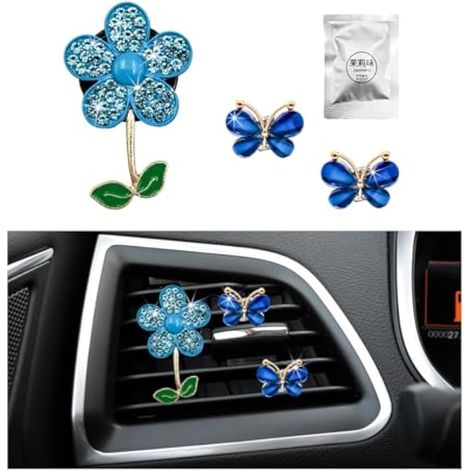 povtii Lot de 3 clips à clip pour grille d'aération de voiture, strass et marguerites et papillons - Joli clip de climatisation pour femmes et filles - Accessoires décoratifs de voiture (bleu) (1/5)
