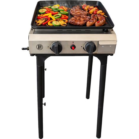 Plancha à gaz 4800W modulable 3 Hauteurs 2 Bruleurs Allumage Piezo - Plaque de cuisson Céramique 42x36cm INTEC