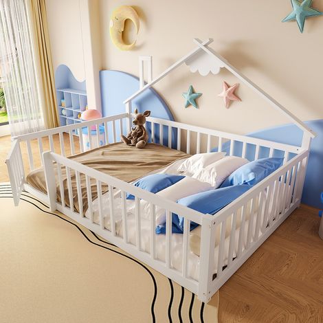 Lit cabane enfant 140x190 cm - avec barrières de sécurité - bois massif - blanc (sans matelas) (1/5)