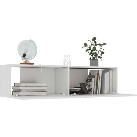 Les Tendances – Meuble TV suspendu blanc 120x30x30 cm – Design chic avec 2 portes abattantes – Rangement optimisé pour magazines et DVDs (1/5)