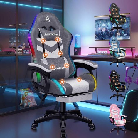 Racing Gaming Stuhl Massage Gamer mit 12 LED RGB Beleuchtung Lordosenstütze Grau (1/5)