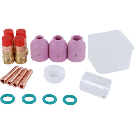 Ensemble de 17 accessoires de soudage TIG : pince, lentille à gaz, buse, coupelle isolante pour pistolet de soudage WP 17, 18 et 26. (1/5)