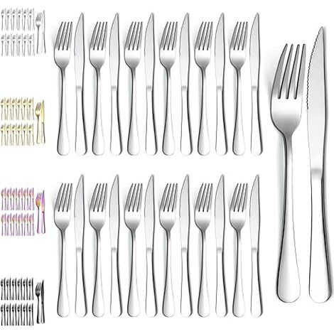 Evanda Ensemble de couteaux à steak 24 pièces, acier inoxydable 12 fourchettes à dîner et 12 couteaux à dîner, couteaux à steak fourchettes à steak, lavable au lave-vaisselle (1/5)
