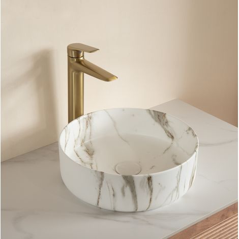 Rundes Aufsatzwaschbecken modern aus Keramik in Stone White mit Steinmuster (1/5)