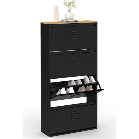 Scarpiera ESTER, capacità massima 24 paia, 4 ante in metallo nero e piano in legno dal design industriale