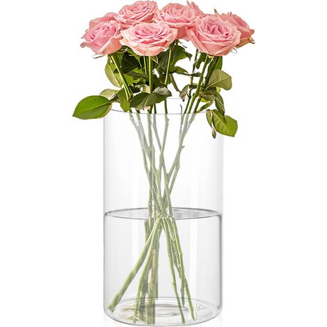 Vase cylindrique en verre minimaliste : moderne, vase à fleurs transparent, pour décoration de table, salon, chambre à coucher, mariage, anniversaire, salle de bain (30 x 10 cm) (1/5)