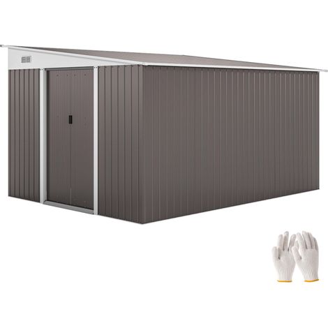 Cabane de rangement en métal avec toit incliné et double porte verrouillable, dimensions 2,8 x 3,45 x 2,01 m, finition grise élégante, idéale pour sécuriser les outils et équipements de jardin