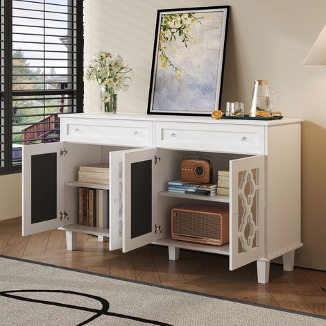 DESMIU Buffet et enfilade 4 portes miroir 2 tiroirs étagère réglable avec poignées cristal pour salon 140 × 40 × 83 cm (1/5)