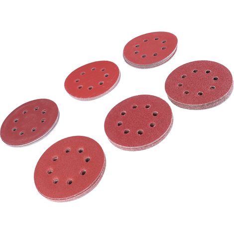 Disque abrasif velours 125mm, papier de verre rond 8 trous, lot de 60 (6 tailles, boîte blanche), ponçage à sec, fixation auto-agrippante, usage professionnel. (1/5)