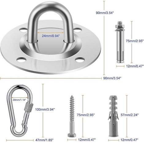 Crochets de plafond robustes en acier inoxydable pour sangles en bois, béton, yoga, hamac - 4 pièces (argent) (1/4)
