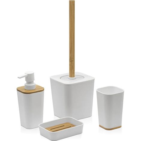 Set accessori bagno moderno in finitura bianca opaca con dettagli in bambù (1/5)