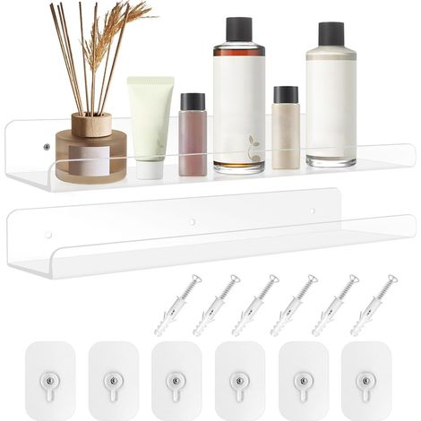 Lot de 2 étagères murales, 30 x 10 x 4 cm, en acrylique, transparentes, sans perçage, pour chambre à coucher, chambre d'enfant, salon, salle de bain, cuisine, rangement et organisation (Transparent) (1/5)
