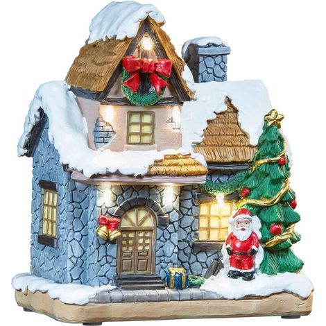 Maisonnette décorative avec Père Noël et illuminations（14 x 16 x 8 cm）