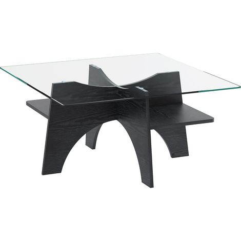 Table basse 80 cm, plateau verre trempé, table basse salon, piètement mdf noir, tablette inférieure, facile d'entretien (1/5)