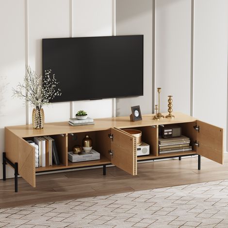 Meuble TV 4 portes avec texture 3D et passe-câbles 163,5 x 40 x 45 cm MDF naturel (1/5)