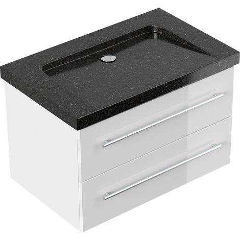 Badmöbel Granit Galaxy Black Damo 75 cm ohne Hahnloch SoftClose weiß hochglanz (1/5)