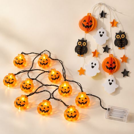 Guirlande Lumineuse Citrouille Halloween 10 Têtes Batterie - Décoration Fête (1/5)