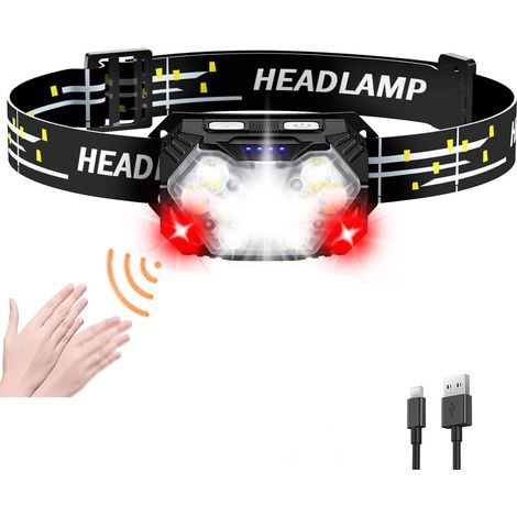 Lampe frontale LED rechargeable,5000 lumens,9 LED,Fonctionne avec piles,Avec lumière rouge et capteur de mouvement,7 modes d'éclairage,Étanche IPX6, l'entretien, la pêche (1/5)