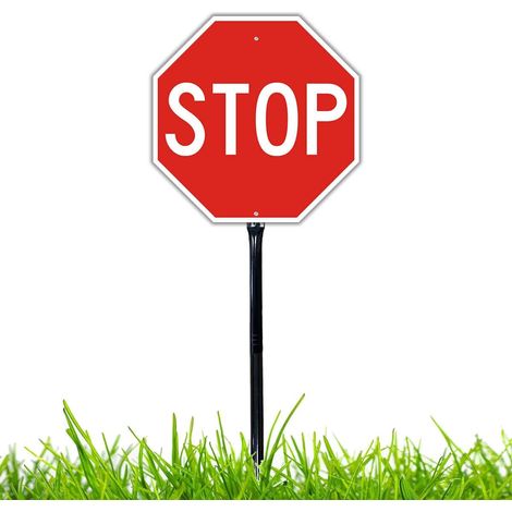 Panneau STOP - Avec poteaux - 30 x 30 cm - En aluminium - Étanche - Protection UV - Avec trous pré-percés - Pour un montage facile (1/5)