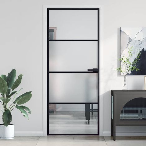 Porte intérieure fine, noire, 83 x 201,5 cm, verre trempé et aluminium