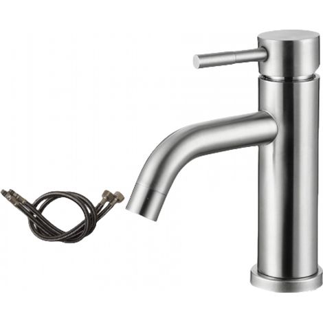 Robinet de lavabo de salle de bain moderne, mitigeur monocommande inox avec noyau céramique, deux tuyaux gratuits (1/5)