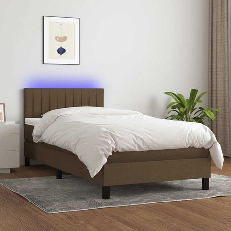 Cama box spring colchón luces LED tela marrón oscuro 100x200cm (1/5)