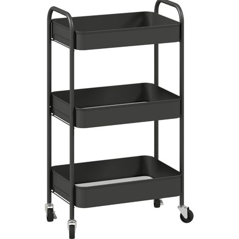 Chariot de rangement à 3 paniers, roulettes à frein, structure en métal noir, compact 45 x 30,6 x 79 cm, pour cuisine, salle de bain, bureau  CHICFURN (1/5)