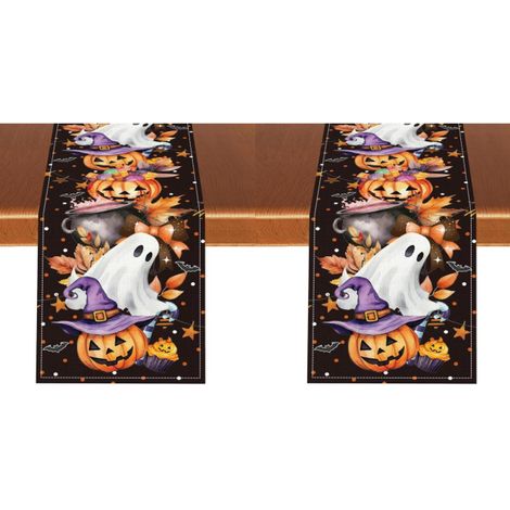 Caminos de mesa de Halloween con calabaza, fantasma, hojas de otoño, murciélago negro, lunares y estrellas, decoración otoñal, 33 x 183 cm (2 piezas) (1/4)