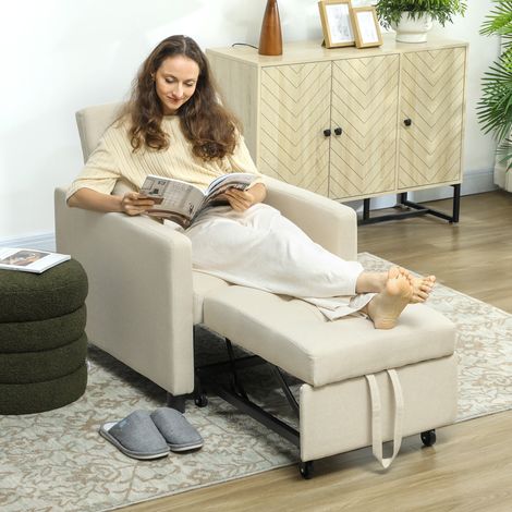 Sofá Cama de 1 Plaza Tapizado en Lino con Respaldo Ajustable de 3 Niveles y Almohada Acolchada 69x82,5x84 cm Beige (1/5)