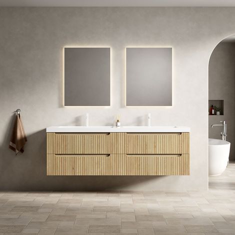 160cm schwimmender Badezimmer-Waschtisch mit 2 Integrierten Unterbauwaschbecken aus verdicktem Kunststein, gestreifter Sperrholzschrank mit 4 Schubladen, vormontiert, weiße Eiche Holzmaserung