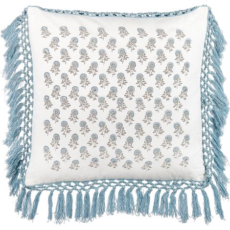 Cojín de algodón blanco azul gris 45 x 45 cm a mano floral flecos relleno Pallida