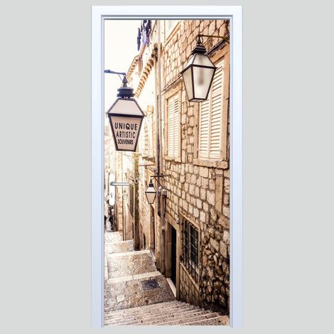 Autocollant de porte en tissu, rue avec lanternes, 004PD