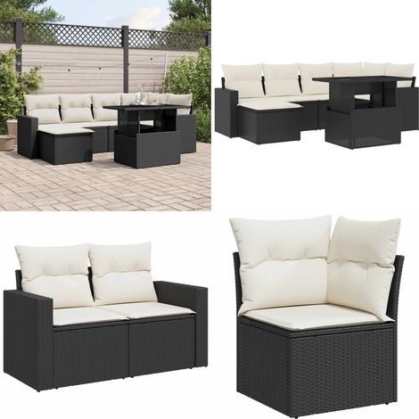 Salon de jardin 7 pcs avec coussins noir résine tressée - Ensemble Salon De Jardin - Meuble Extérieur - Jardin Design - Mobilier De Jardin - Chaise Longue - Home & Living (1/5)