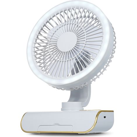 Ventilatore da tavolo multifunzione ricaricabile tramite USB, automatico, con illuminazione ambientale, 5 velocità, telecomando e base utilizzabile anche come supporto per cellulare. Colore verde.