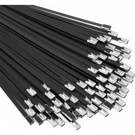 Colliers de serrage noirs, lot de 100, 30 cm (11, 8 pouces), en acier inoxydable 304 avec revêtement époxy. Colliers de serrage au (1/5)