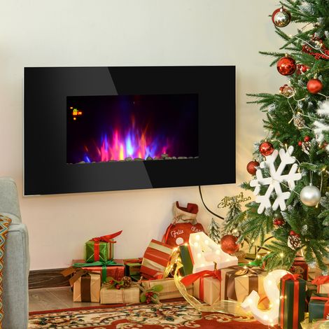 Cheminée électrique Murale LED 7 Effets Flammes + 7 Couleurs Ambiance + Galets télécommande Thermostat 1000-2000 W minuterie Noir (1/5)