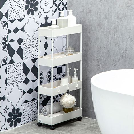 Carrito organizador de cocina de 4 estantes con ruedas y frenos, blanco, de acero (1/5)