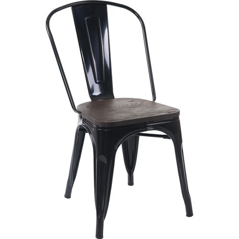 Chaise HWC-A73, avec siège en bois, chaise de bistro, métal, empilable, style industriel - noir (1/5)