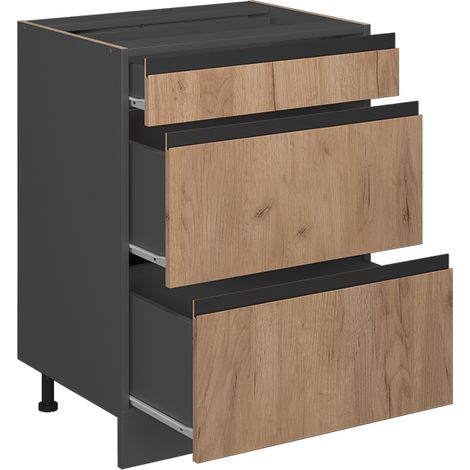 Mobiletto base per cucina R-Line, Quercia dorata, 60 cm Forma a J, con cassetti, senza piano di lavoro, Vicco