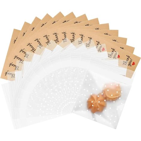 Sachets à biscuits transparents auto-scellants en cellophane, lot de 100 sachets refermables avec 120 autocollants de remerciement pour bonbons, desserts et confiseries (1/5)