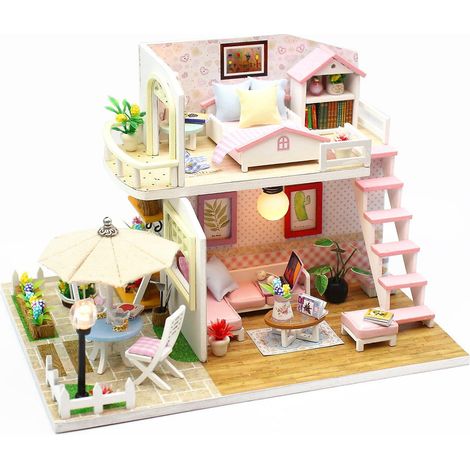 Puppenhaus-Miniatur-DIY-Holzpuppenhaus-Bausatz mit Möbeln, LED-Licht und Musik, rosa Loft