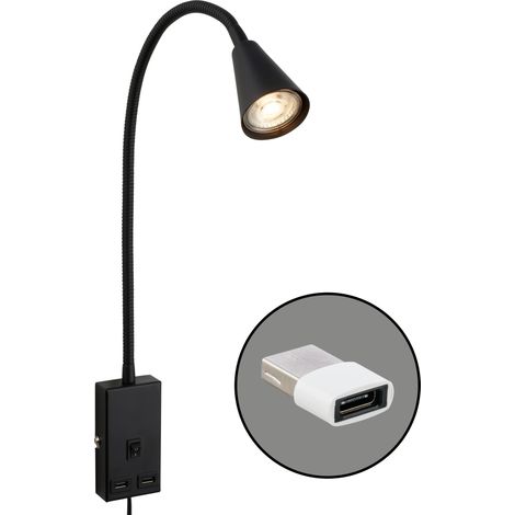 Lampe de lecture avec port USB, interrupteur marche/arrêt, orientable, fiche, applique intérieure, lampe murale, lampe de lit, hauteur 50 cm, noir (1/5)