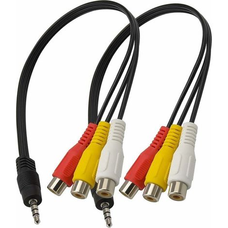 Lot de 2 câbles adaptateur 3,5 mm mâle vers 3 RCA femelle 25 cm vers prise RCA jack stéréo AV audio vidéo AUX (1/4)