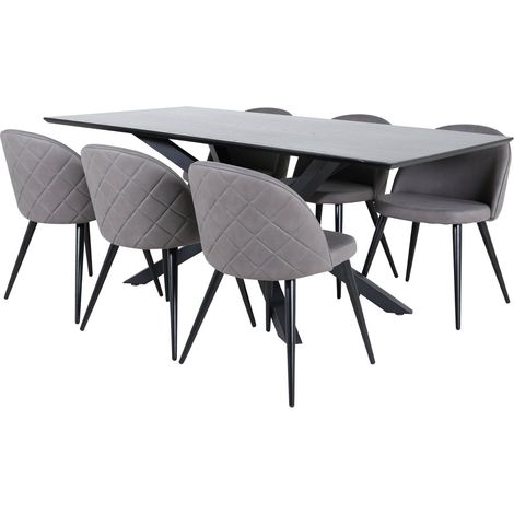 PiazzaBLBL Essgruppe Esstisch schwarz und 6 Velvet Stitches Esszimmerstühle grau.