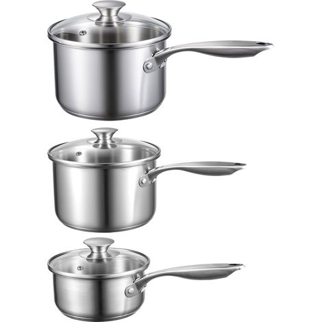 Casserole en acier inoxydable, lot de 3 (1L, 2L, 3L) avec couvercles en verre, poignée ergonomique, compatible four, lave-vaisselle et induction. (1/5)