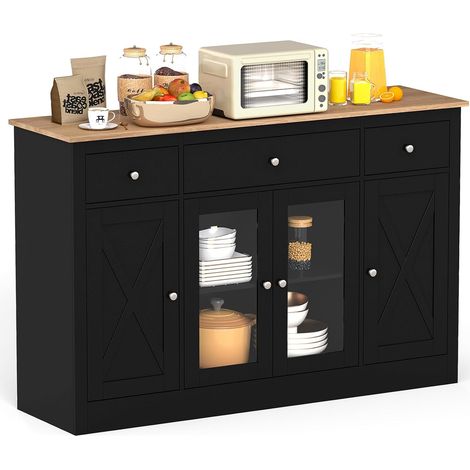 COSTWAY Credenza, mobile da cucina con 3 cassetti, 2 ante vetrate, ripiani regolabili, stile country, kit antiribaltamento, 140 x 40 x 90 cm, mobile contenitore per sala da pranzo, soggiorno (nero)